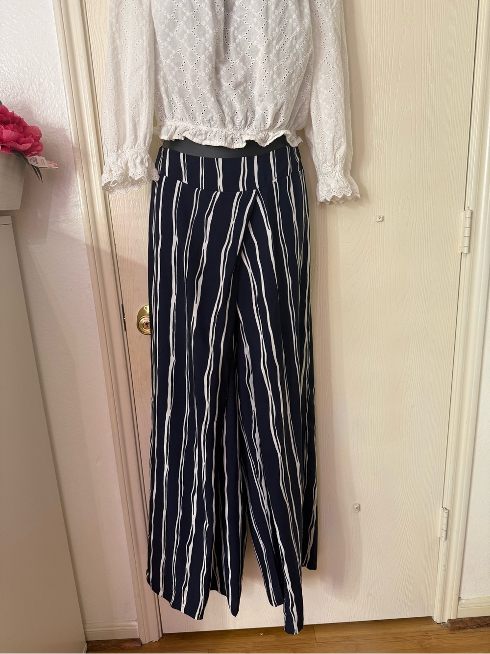 Freeway Navy and White Striped Wide-Leg Pants